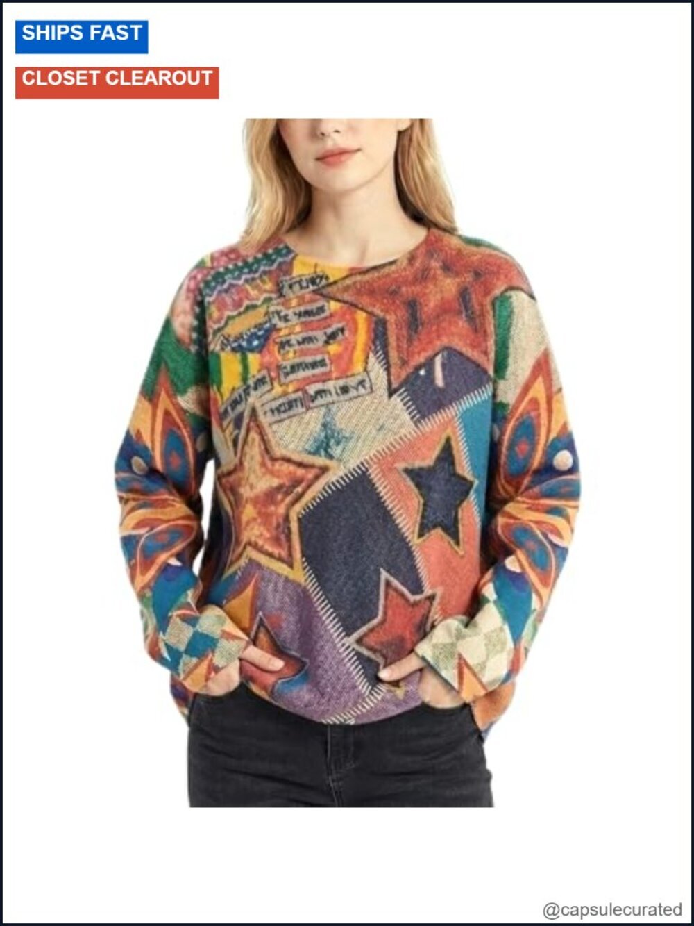 Oversized Boho Knit Sweater Pullover, Vintage Long Sleeve Crew Neck Top